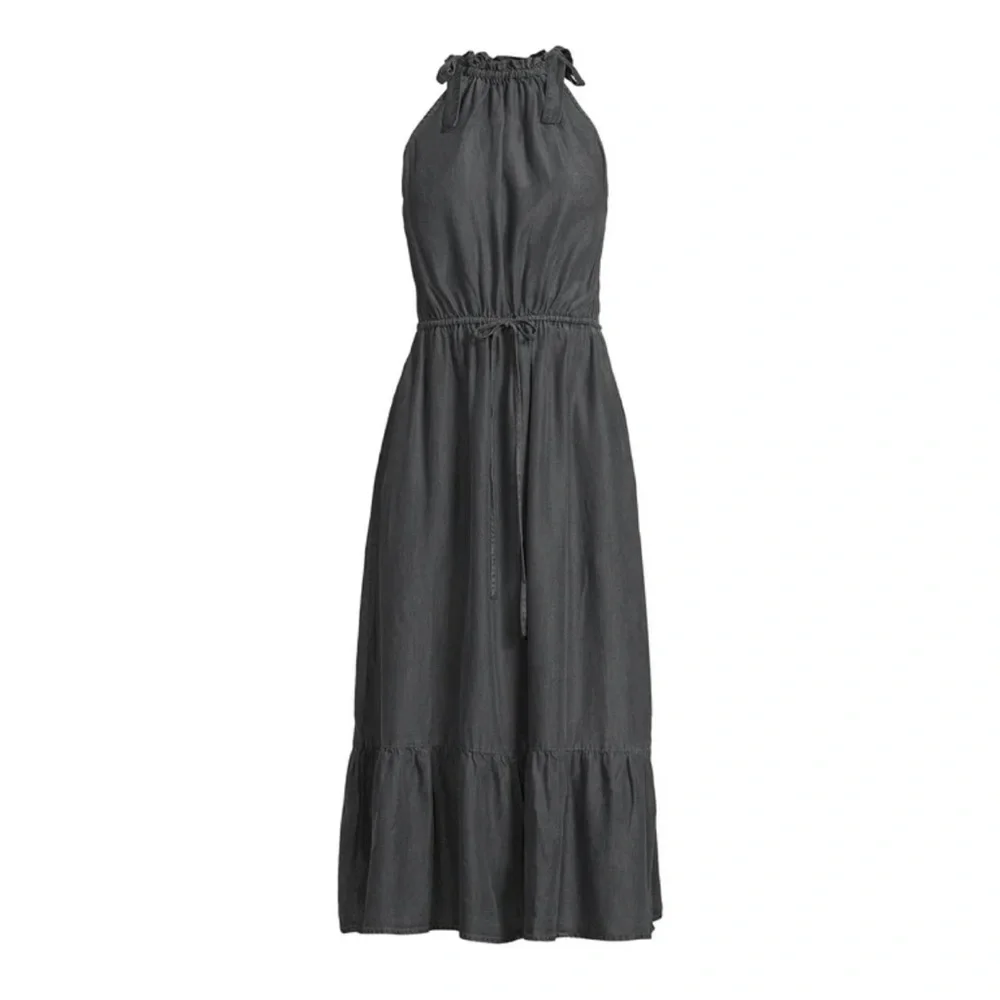 Tie Halter Maxi Dress Washed Black Ruffle Hem Time and Tru Elastic Waist Pockets - Picture 10 of 10